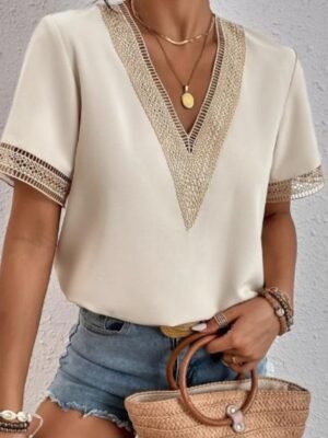 Elegant Regular Plain V Neck Short Sleeve Blouse - Image 4