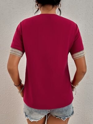 Elegant Regular Plain V Neck Short Sleeve Blouse - Image 7