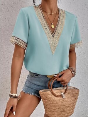 Elegant Regular Plain V Neck Short Sleeve Blouse - Image 8