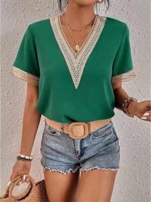 Elegant Regular Plain V Neck Short Sleeve Blouse - Image 9
