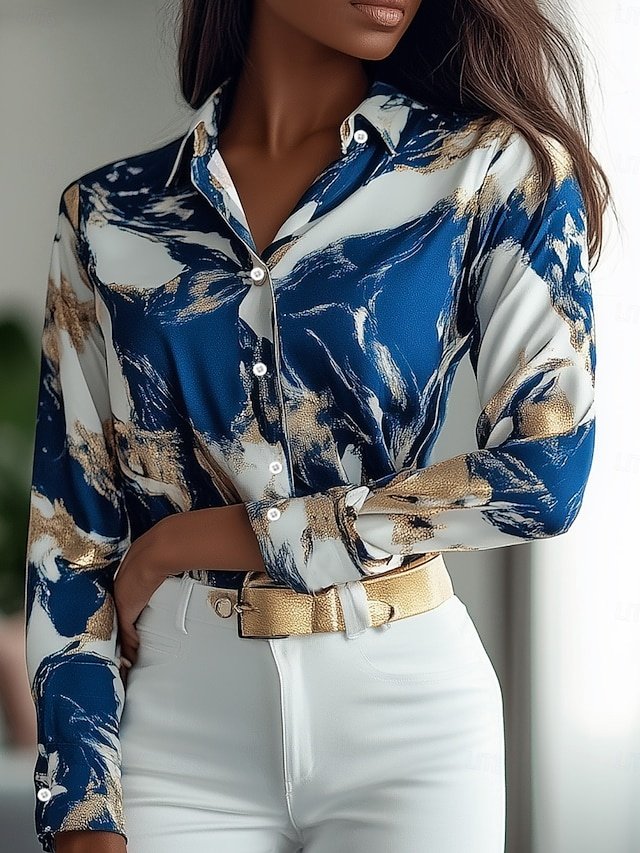 Elegant Regular Print Shirt Collar Long Sleeve Blouse - Image 1
