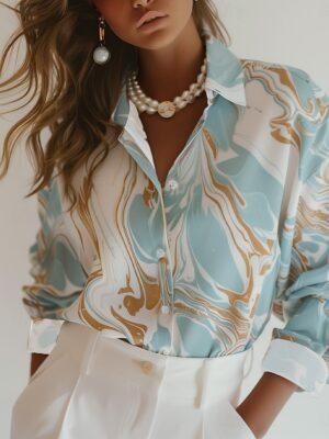 Elegant Regular Print Shirt Collar Long Sleeve Blouse - Image 10
