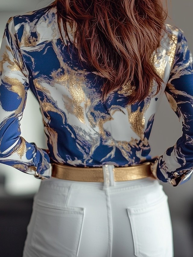 Elegant Regular Print Shirt Collar Long Sleeve Blouse - Image 2