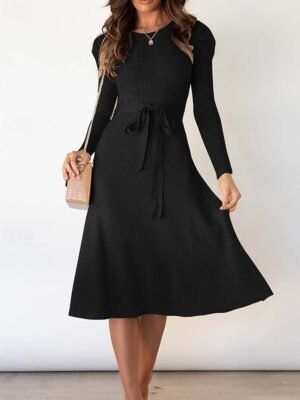 Elegant Regular Solid Crew Neck Long Sleeve Sweater Dress - Image 1