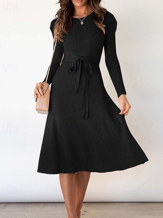 Elegant Regular Solid Crew Neck Long Sleeve Sweater Dress - Image 1