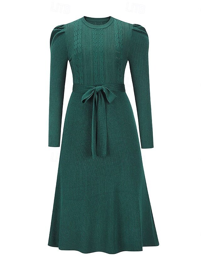 Elegant Regular Solid Crew Neck Long Sleeve Sweater Dress - Image 10