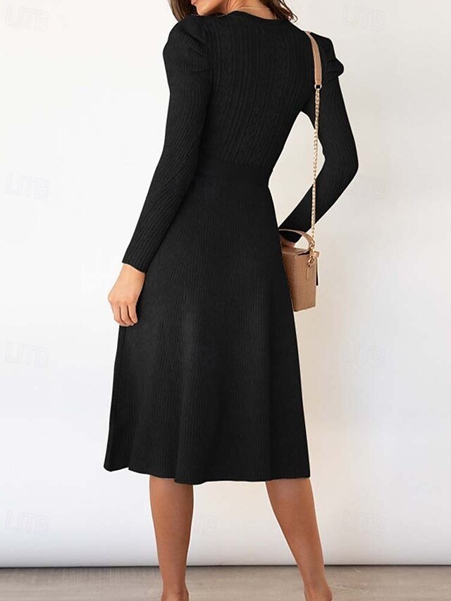 Elegant Regular Solid Crew Neck Long Sleeve Sweater Dress - Image 3