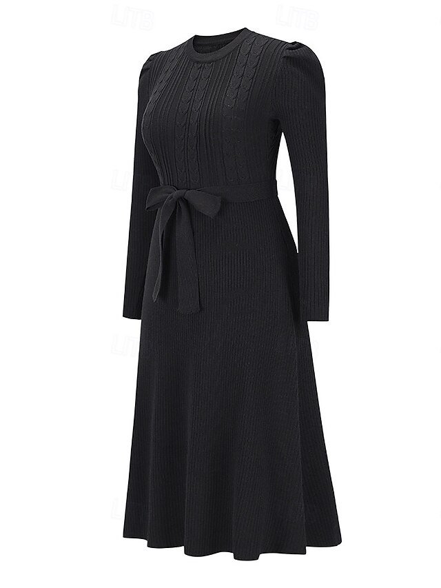 Elegant Regular Solid Crew Neck Long Sleeve Sweater Dress - Image 5