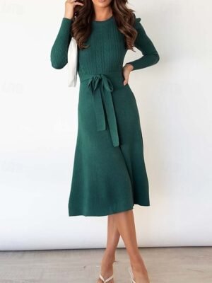 Elegant Regular Solid Crew Neck Long Sleeve Sweater Dress - Image 7