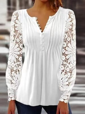 Elegant Regular Solid Notched Neck Long Sleeve Tops - Image 1