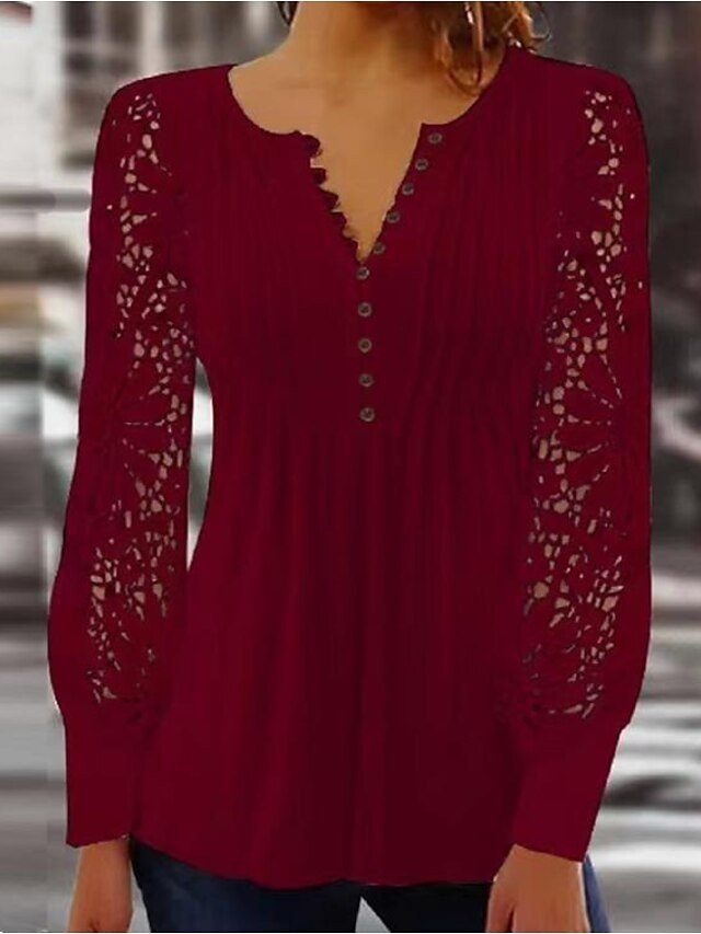 Elegant Regular Solid Notched Neck Long Sleeve Tops - Image 2