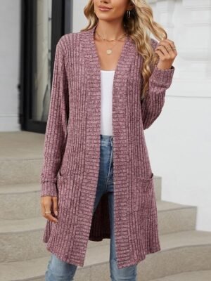 Elegant Regular Solid Open Front Long Sleeve Cardigan - Image 5