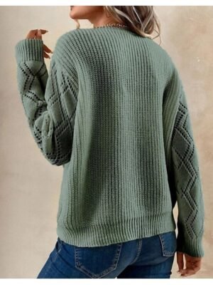 Elegant Regular Solid Ribbed V Neck Lace Long Sleeve Knit Top - Image 4