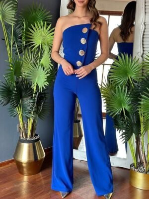 Elegant Regular Solid Strapless Sleeveless Wide Leg Jumpsuit - Image 13