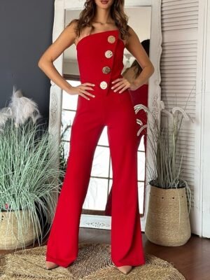 Elegant Regular Solid Strapless Sleeveless Wide Leg Jumpsuit - Image 7