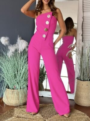 Elegant Regular Solid Strapless Sleeveless Wide Leg Jumpsuit - Image 9