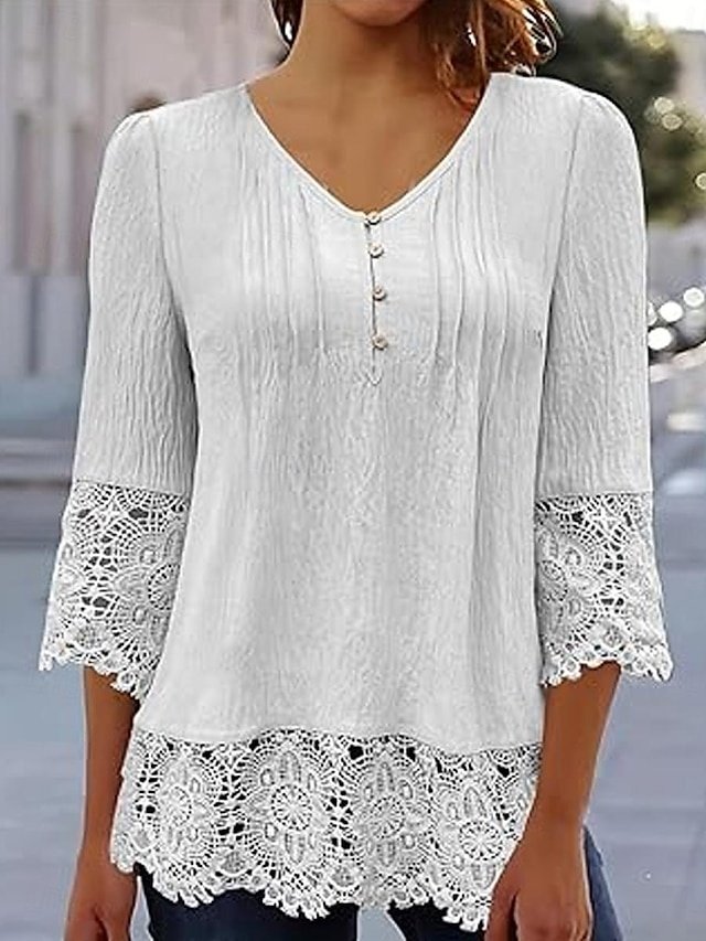 Elegant Regular Solid V Neck 3/4 Sleeve Lace Blouse - Image 1