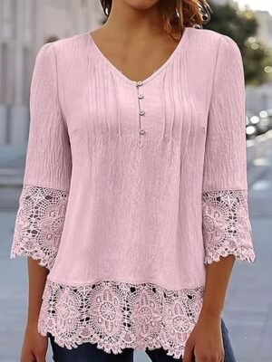 Elegant Regular Solid V Neck 3/4 Sleeve Lace Blouse - Image 2