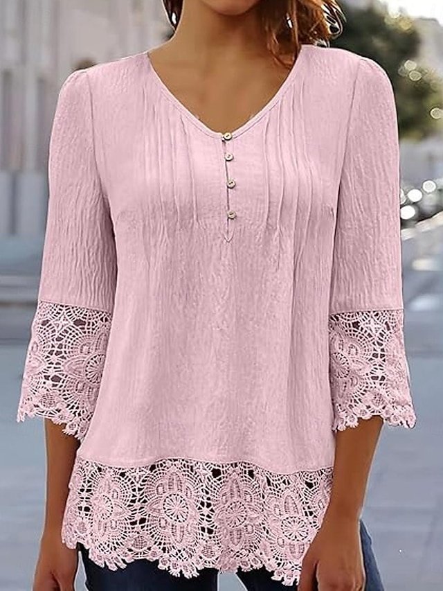 Elegant Regular Solid V Neck 3/4 Sleeve Lace Blouse - Image 2