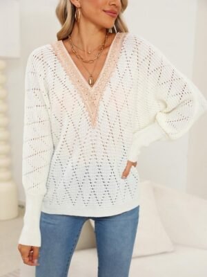 Elegant Regular Solid V Neck Lace Patchwork Long Sleeve Sweater - Image 2