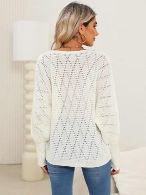 Elegant Regular Solid V Neck Lace Patchwork Long Sleeve Sweater - Image 3