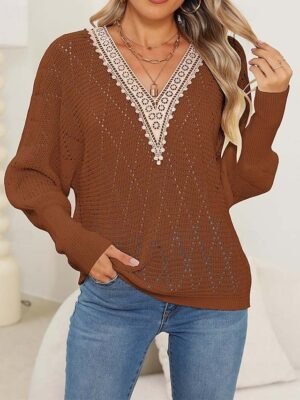 Elegant Regular Solid V Neck Lace Patchwork Long Sleeve Sweater - Image 4
