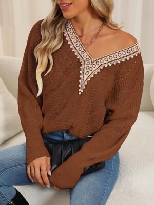 Elegant Regular Solid V Neck Lace Patchwork Long Sleeve Sweater - Image 5
