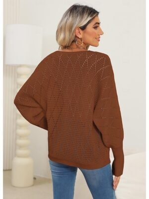 Elegant Regular Solid V Neck Lace Patchwork Long Sleeve Sweater - Image 6