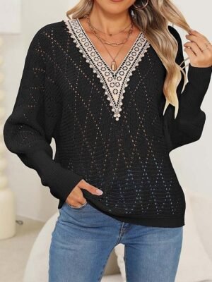 Elegant Regular Solid V Neck Lace Patchwork Long Sleeve Sweater - Image 7