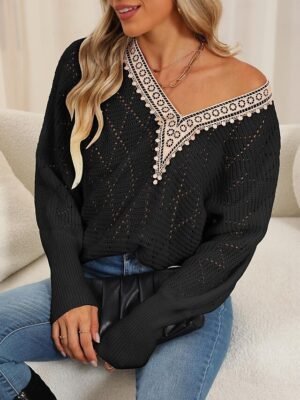 Elegant Regular Solid V Neck Lace Patchwork Long Sleeve Sweater - Image 8