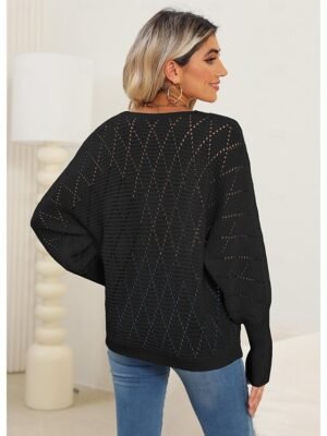 Elegant Regular Solid V Neck Lace Patchwork Long Sleeve Sweater - Image 9