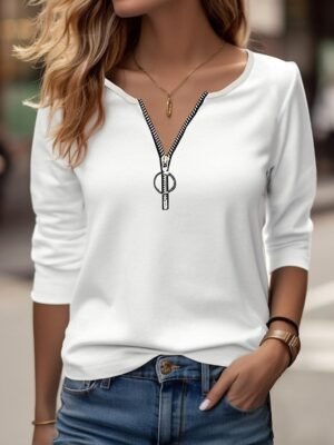 Elegant Regular Solid V Neck Long Sleeve Quarter Zip Top - Image 1