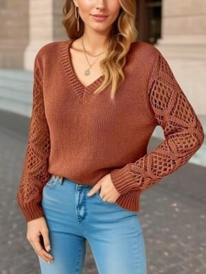 Elegant Regular Solid V Neck Long Sleeve Knit Top - Image 3