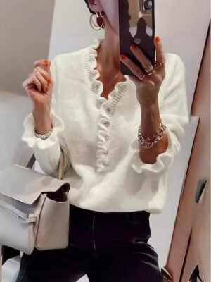 Elegant Regular Solid V Neck Ruffle Long Sleeve Top - Image 1