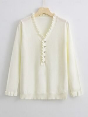 Elegant Regular Solid V Neck Ruffle Long Sleeve Top - Image 2