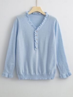 Elegant Regular Solid V Neck Ruffle Long Sleeve Top - Image 4