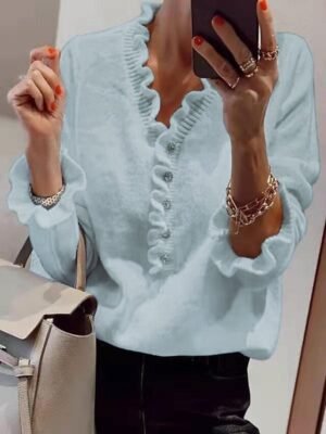 Elegant Regular Solid V Neck Ruffle Long Sleeve Top - Image 5