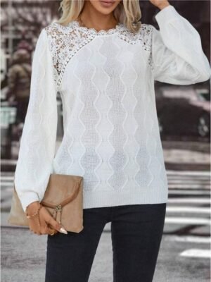 Elegant Regular Solid Waffle Crew Neck Lace Long Sleeve Knit Top - Image 3