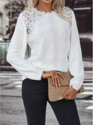 Elegant Regular Solid Waffle Crew Neck Lace Long Sleeve Knit Top - Image 4