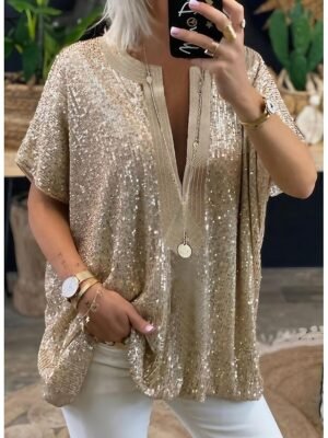 Elegant Regular Sparkly Sequins V Neck Long Sleeve Blouse - Image 1