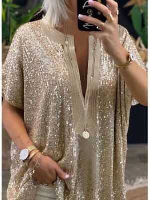 Elegant Regular Sparkly Sequins V Neck Long Sleeve Blouse - Image 2