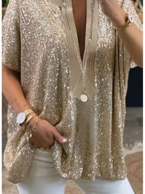 Elegant Regular Sparkly Sequins V Neck Long Sleeve Blouse - Image 3