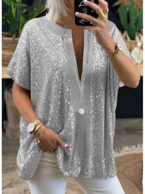 Elegant Regular Sparkly Sequins V Neck Long Sleeve Blouse - Image 4