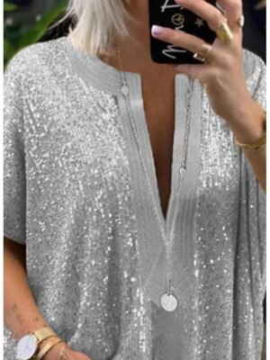 Elegant Regular Sparkly Sequins V Neck Long Sleeve Blouse - Image 5