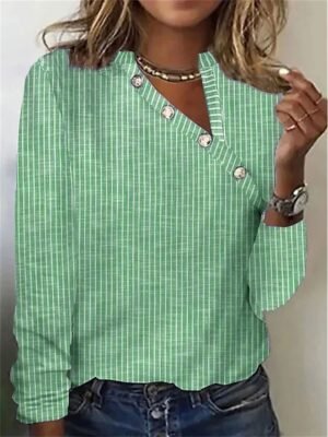 Elegant Regular Striped V Neck Long Sleeve Top - Image 2