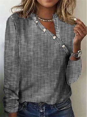 Elegant Regular Striped V Neck Long Sleeve Top - Image 5