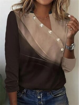 Elegant Regular Vintage Graphic V Neck Long Sleeve Tops - Image 1