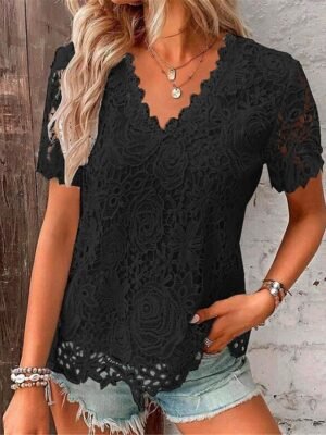 Elegant Romantic Floral V Neck Short Sleeve Lace Blouse - Image 2