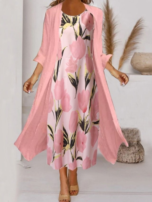 Elegant Ruched Floral Crew Neck 3/4 Sleeve Midi Dress Set - Image 1
