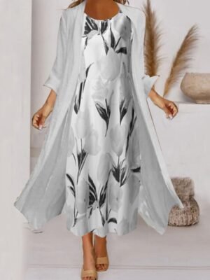 Elegant Ruched Floral Crew Neck 3/4 Sleeve Midi Dress Set - Image 3